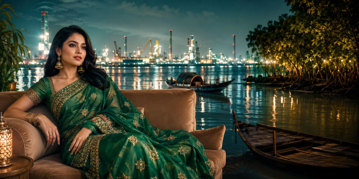 সুন্দরবন অঞ্চলের একজন নারী অনলাইন লটারি টিকিট দেখছেন